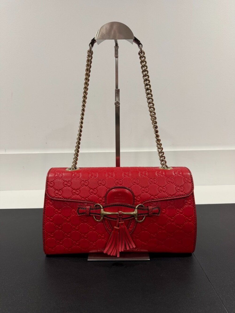 Gucci Emily Red Guccissima Leather Horsebit Tassel Chain Shoulder Bag (JB1561)